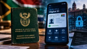Give me an alt text South Africa’s traditional green ID book beside a smartphone displaying a proposed Digital ID, highlighting questions about data privacy, cybersecurity and government accountability.
