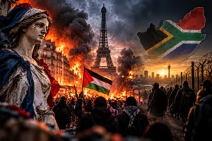 Editorial illustration contrasting unrest in Paris with migration and border-security concerns in South Africa.